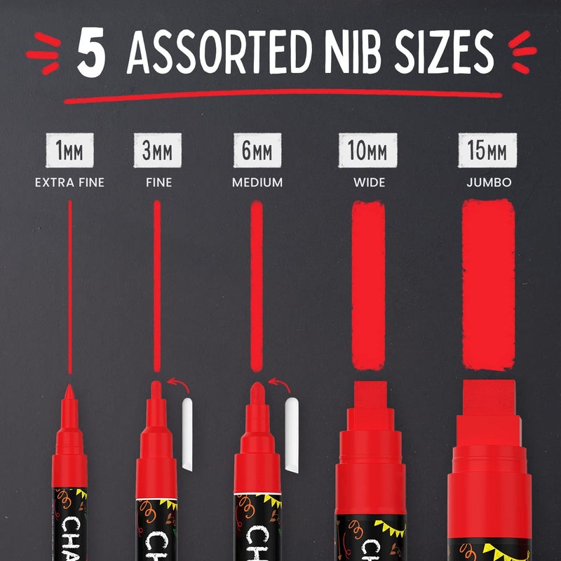 Chalkola 5 Red Chalkboard Chalk Markers - Red Dry Erase Markers for Blackboard, Chalkboard Signs, Windows, Glass | Variety Pack - Fine & Jumbo Size Ink Pen (1mm, 3mm, 6mm, 10mm, 15mm) - Image 2